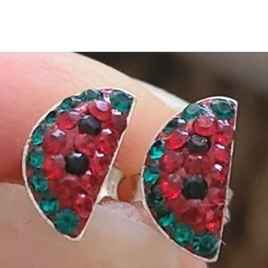 Watermelon Slice Earrings Crystal Stud Sterling Silver Red & Green Crystals